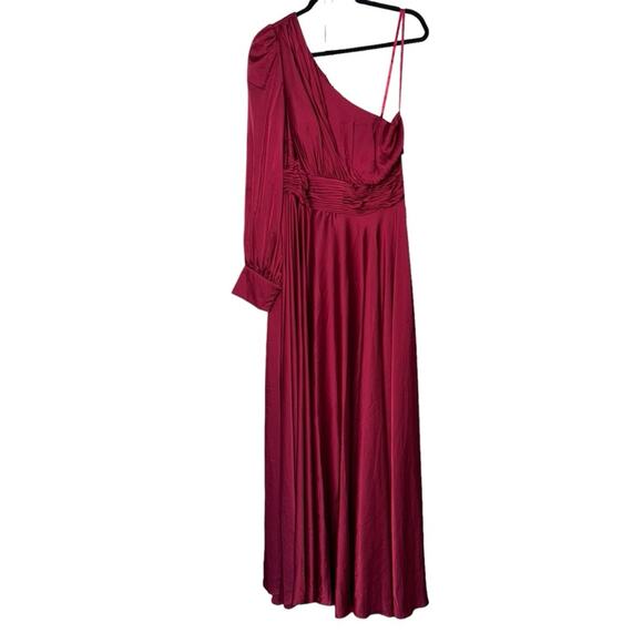 NWT IEENA for MAC DUGGAL 67866 Burgundy One Shoulder Bishop Sleeve Flowy Gown - Picture 2 of 12